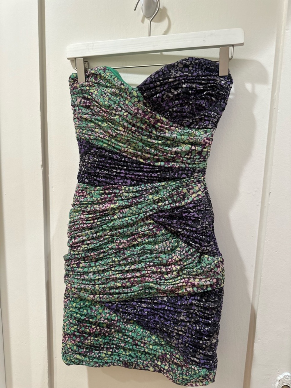 BCBGMaxAzria Strapless Ruched Mini Dress in Green and Purple